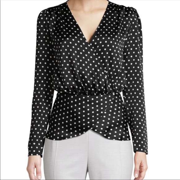 Ronny Kobo Collection Tops - Ronny Kobo v-neck polka dot peplum wrap blouse